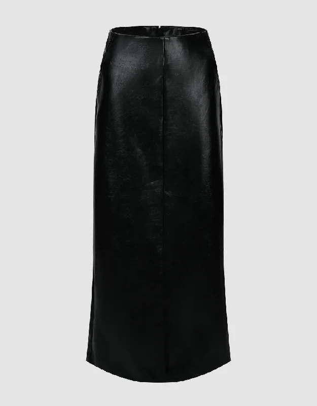 Vegan Leather Midi Straight Skirt silk skirt sleek