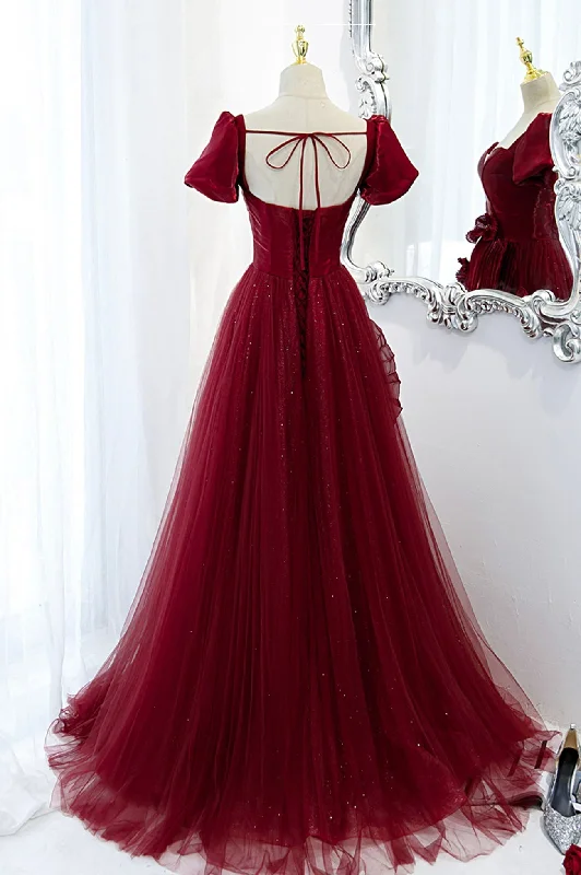 Burgundy Satin Tulle Long Prom Dress, A-Line Short Sleeve Evening Party Dress Tunics Summer linen Burgundy Satin Tulle Long Prom Dress, A-Line Short Sleeve Evening Party Dress Tunics Summer linen
