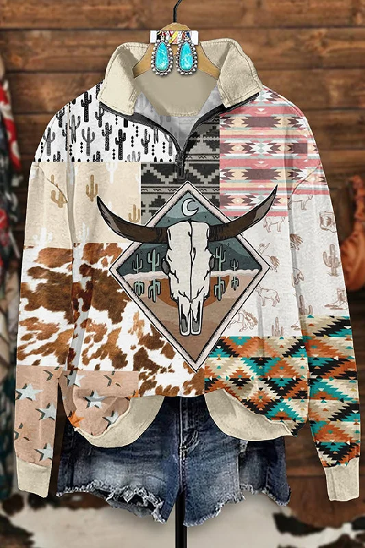 Retro Western Aztec Bull Head Print Zipper Sweatshirt Hoodie with Snap Buttons Easy Quick