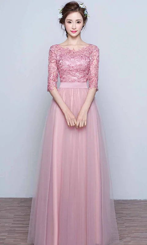 Pink Applique Bateau Half Sleeves Prom Dresses Long P473 Tunics Top rated