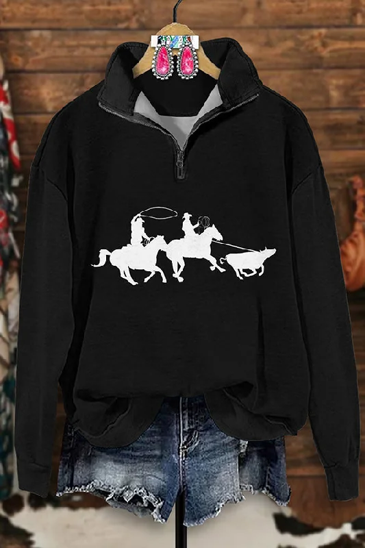 Retro Western Cowboy Print Zipper Sweatshirt Hoodie with Elastic Cuffs Stretchable Comfortable