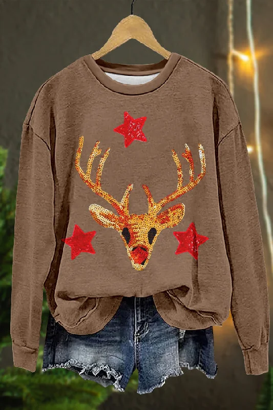 Shiny Christmas Moose Print Sweatshirt Hoodie with Typography Text Message