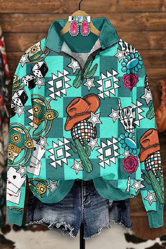 Retro Western Aztec Hat Print Zip-Up Sweatshirt Hoodie with Hem Embroidery Detailed Premium