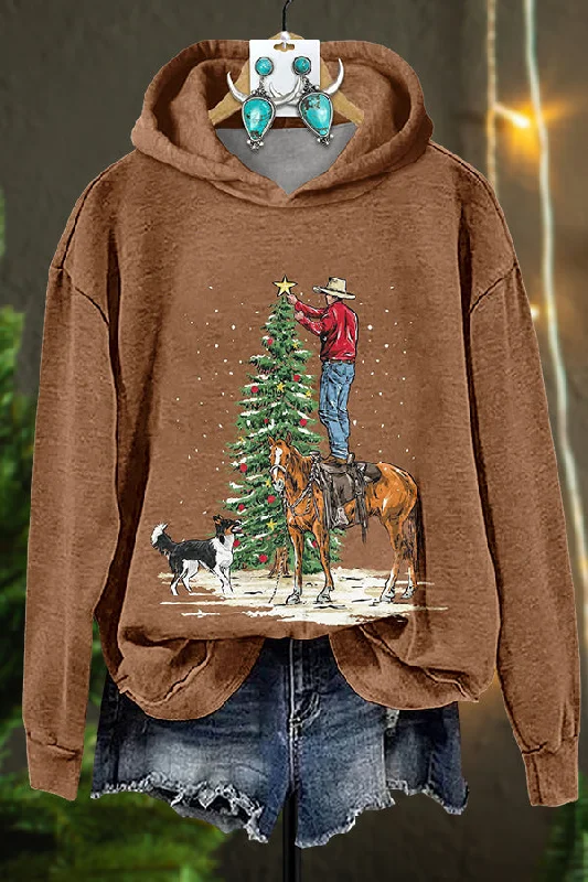 Western Christmas Tree Cowdad Hoodie Hoodie with Hem Drawcord Adjustable Customizable
