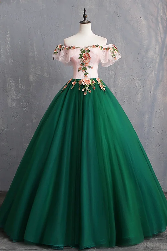 Green Tulle Lace Long Prom Dress, Cute Off Shoulder Evening Dress Party Dress Turtleneck Neckline Stylish