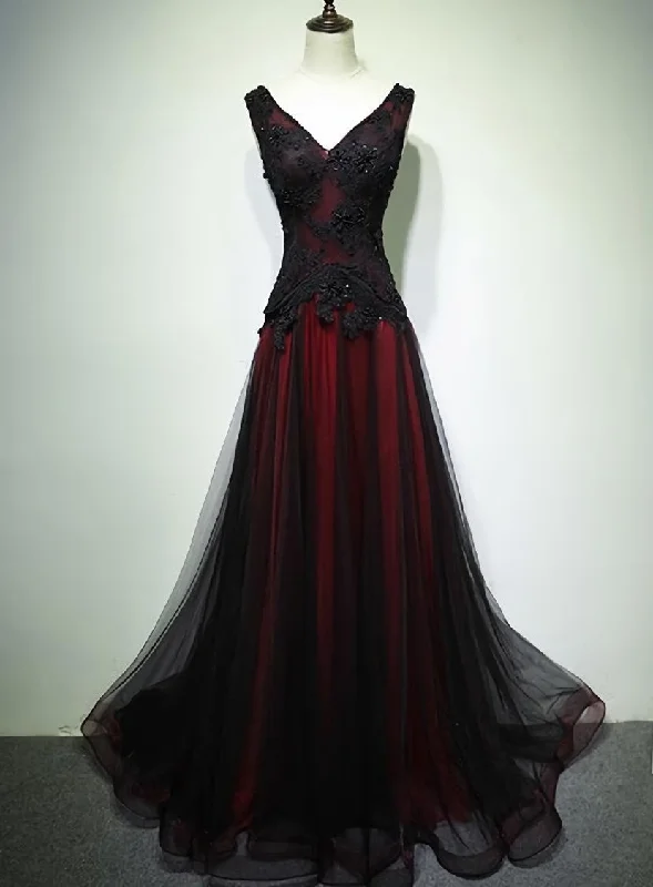 Black and Tulle V-neckline Beaded Lace Long Party Dress, A-line Prom Dress Evening Dresses Tunics Silk luxurious Black and Tulle V-neckline Beaded Lace Long Party Dress, A-line Prom Dress Evening Dresses Tunics Silk luxurious