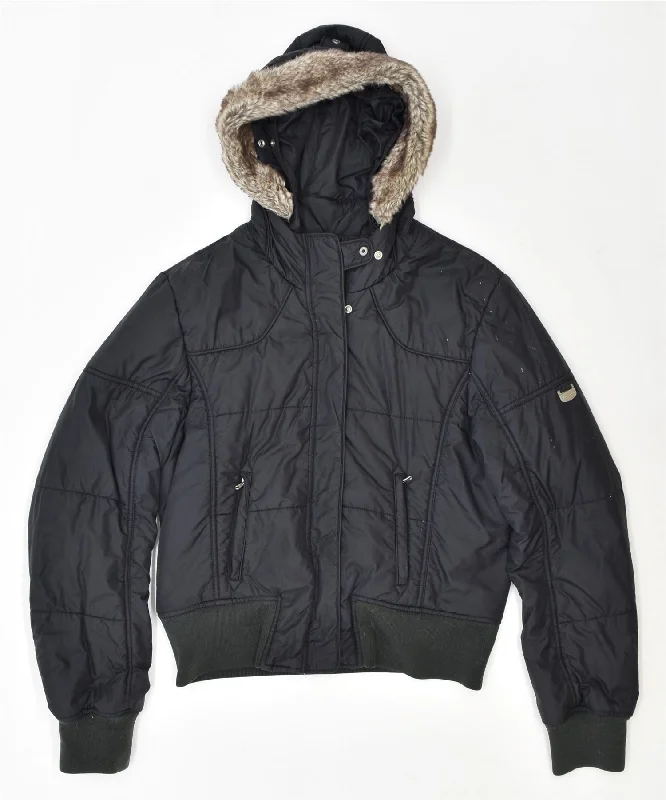 CHAMPION Womens Hooded Padded Jacket UK 14 Large Black Polyester Corduroy Jacket Velvet Jacket Brocade Jacket