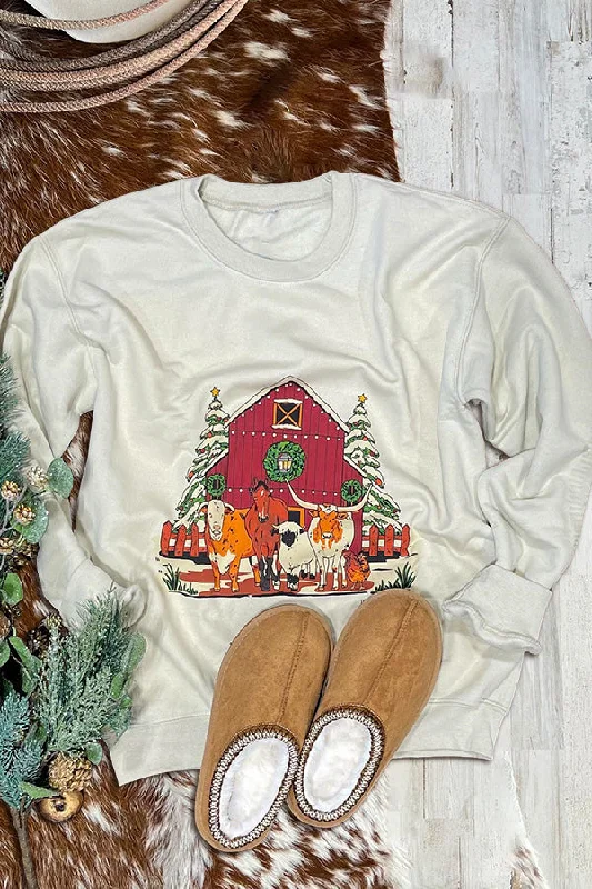 Western Christmas Ranch Horse Sweatshirt Hoodie with Batwing Sleeves Loose Dramatic