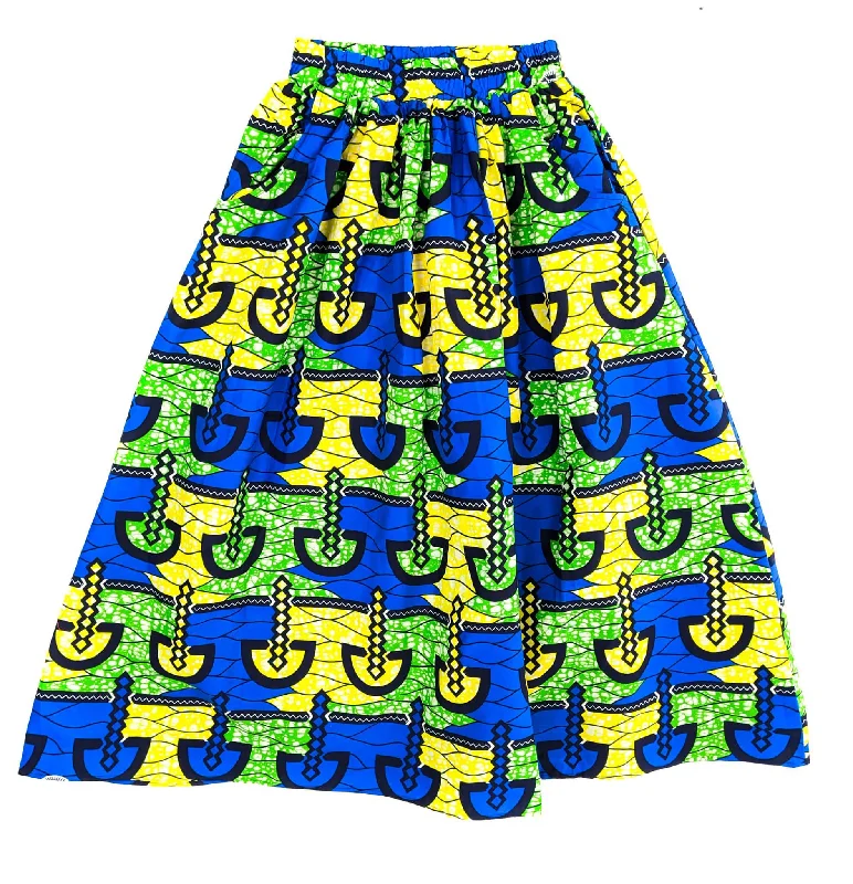 Handmade Blue Multi Ankara Print Midi Skirt chiffon skirt floaty
