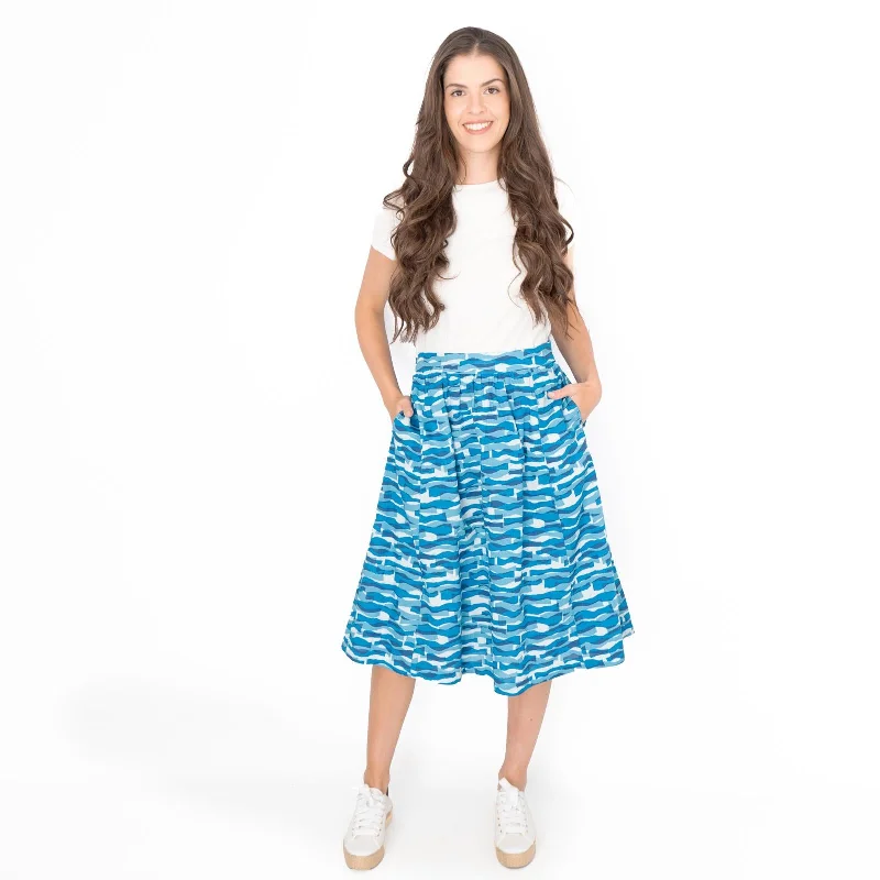 Seasalt Blue Waves Flare Midi Skirts with Pockets silk skirt elegant