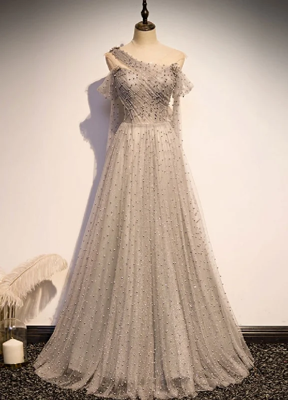 Grey One Shoulder Pearls Tulle Long Evening Dress, Light Grey Party Dress Formal Dress Tunics Ceremony elegant Grey One Shoulder Pearls Tulle Long Evening Dress, Light Grey Party Dress Formal Dress Tunics Ceremony elegant