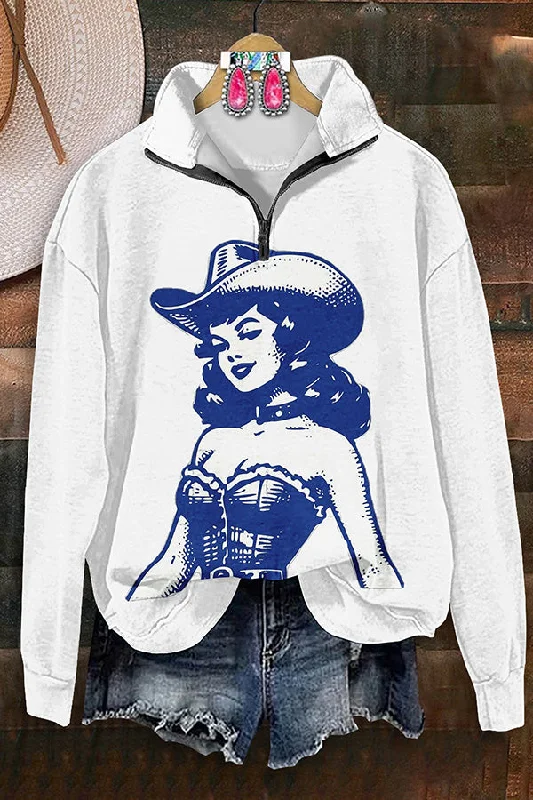 Retro Western Cowgirl Print Zipper Sweatshirt Hoodie with Hem Lace Feminine Delicate Retro Western Cowgirl Print Zipper Sweatshirt Hoodie with Hem Lace Feminine Delicate