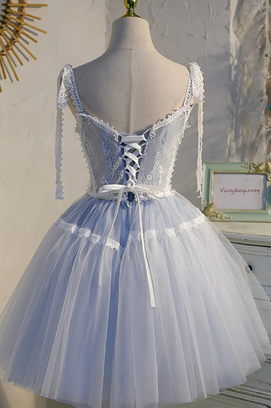 Blue Lace Short A-Line Prom Dress, Cute V-Neck Homecoming Party Dress Turtleneck Neckline Stylish Blue Lace Short A-Line Prom Dress, Cute V-Neck Homecoming Party Dress Turtleneck Neckline Stylish