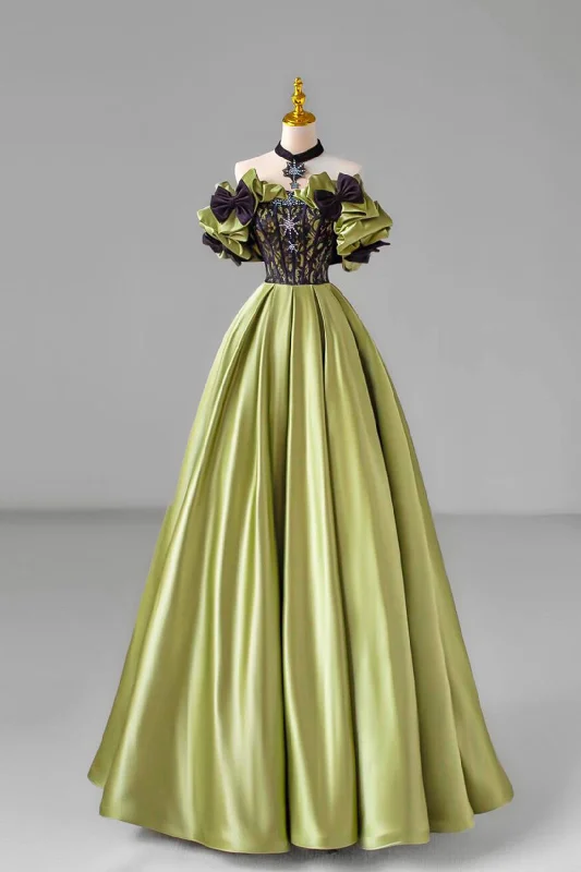 Green Satin Floor Length Prom Dress with Lace, Green Evening Party Dress A-Line Day Work