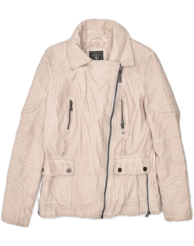 GUESS Womens Biker Jacket UK 10 Small Beige Polyester Snapped Jacket Toggled Jacket Drawstring Jacket