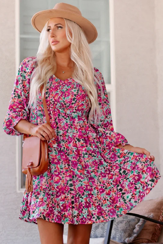 Blue Zone Planet | Purple Smocked V Neck Puffy Sleeve Floral Dress Tunics Seasonal trendy Blue Zone Planet | Purple Smocked V Neck Puffy Sleeve Floral Dress Tunics Seasonal trendy