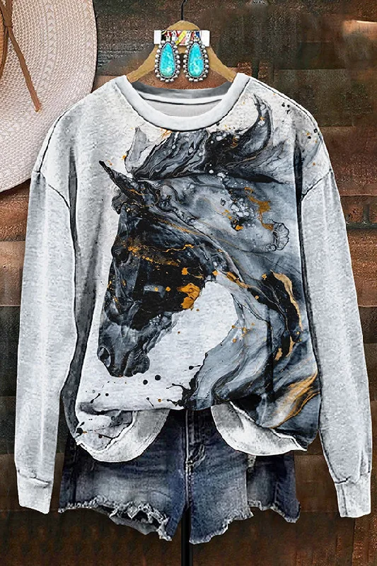 Vintage Western Horse Print Sweatshirt Hoodie with Pattern Geometric Abstract