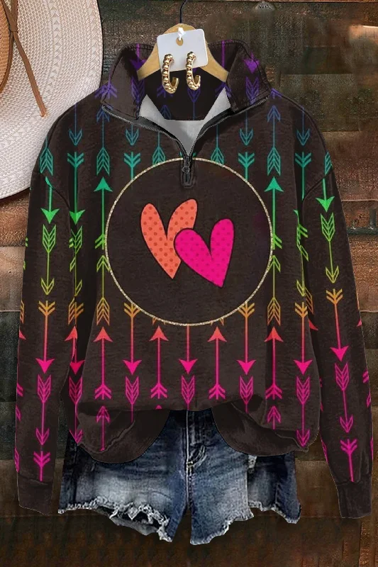 Vintage Heart Arrow Print Zipper Sweatshirt Hoodie with Belted Waist Structured Tailored