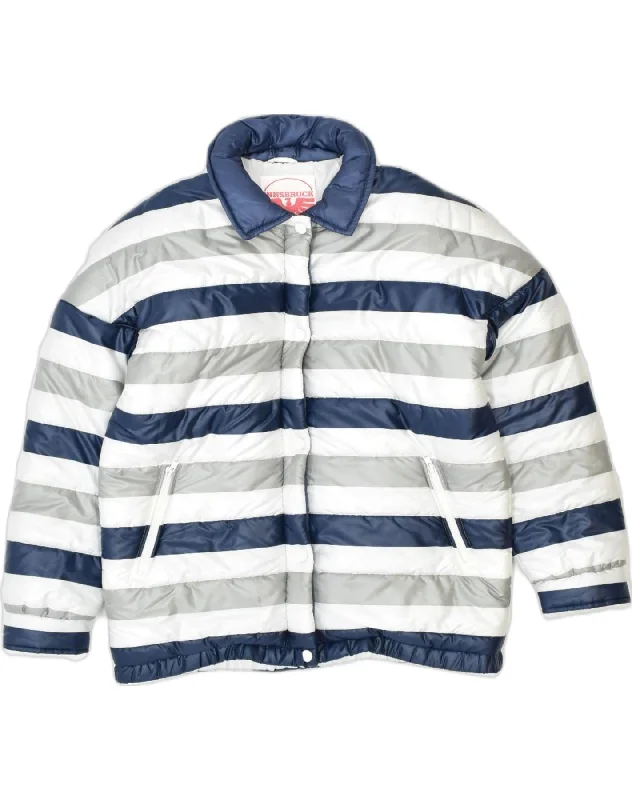 VINTAGE Womens Padded Jacket US 14 XL Navy Blue Striped Polyester Wool Fabric Cashmere Fabric Tweed Fabric