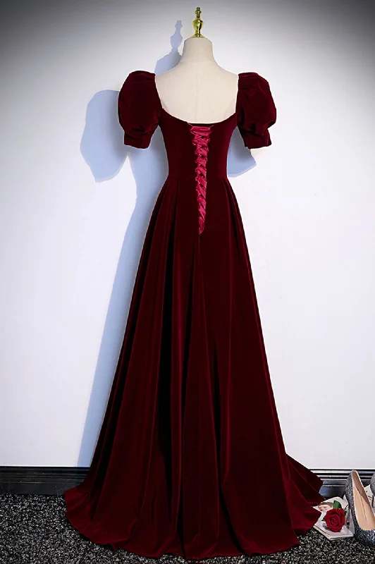 Burgundy Velvet Long A-Line Prom Dress, Simple Short Sleeve Party Dress Mermaid Tail Wedding Burgundy Velvet Long A-Line Prom Dress, Simple Short Sleeve Party Dress Mermaid Tail Wedding