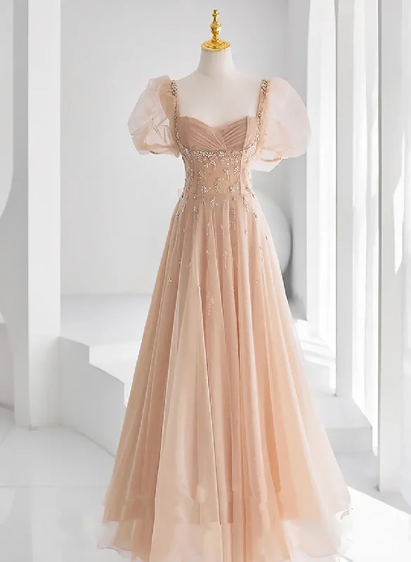 Chamapgne Beaded Short Sleeves Tulle A-line Prom Dress, Champagne Party Dress Tunics Lace romantic Chamapgne Beaded Short Sleeves Tulle A-line Prom Dress, Champagne Party Dress Tunics Lace romantic