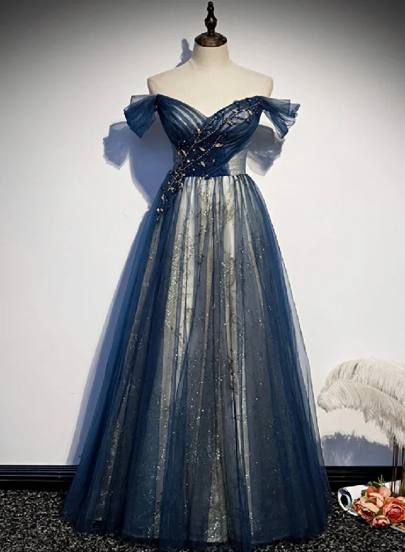 Blue Beaded Off Shoulder Sweetheart Shiny Tulle Party Dress, Blue Evening Dress Prom Dress Off-the-shoulder Bohemian Festive Blue Beaded Off Shoulder Sweetheart Shiny Tulle Party Dress, Blue Evening Dress Prom Dress Off-the-shoulder Bohemian Festive