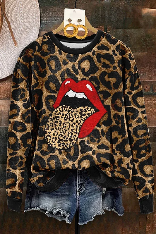 Vintage Leopard Lips Print Sweatshirt Hoodie with Rhinestones Sparkly Elegant