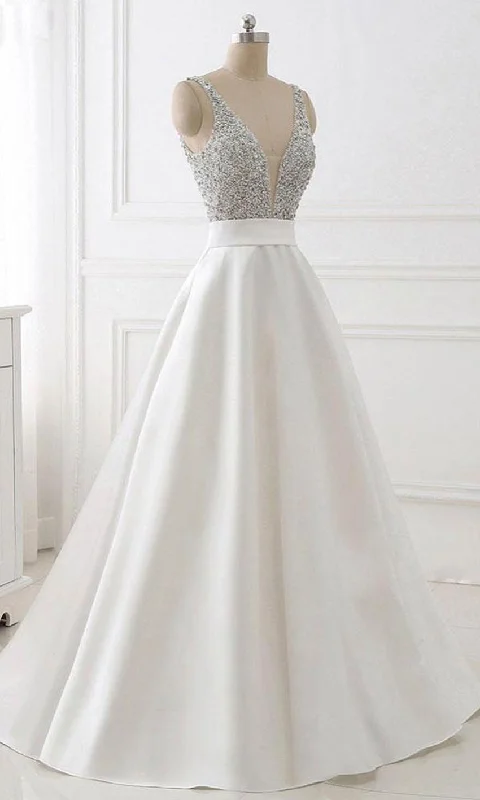 Sequin Long White Prom Dresses with Plunge V-neck P510 Tunics Occasion special