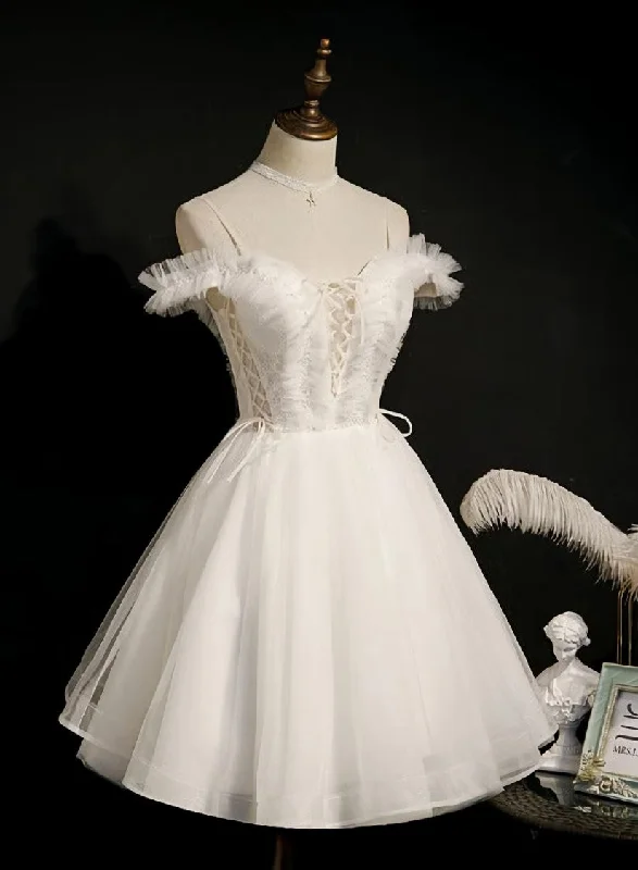Lovely Ivory Sweetheart Beaded Tullle Homecoming Dress Party Dress, Short Prom Dresss Boat Neckline Classic Lovely Ivory Sweetheart Beaded Tullle Homecoming Dress Party Dress, Short Prom Dresss Boat Neckline Classic