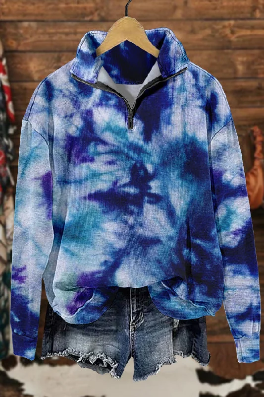 Retro Tie-dye Print Sweatshirt Hoodie with Hem Embroidery Detailed Premium