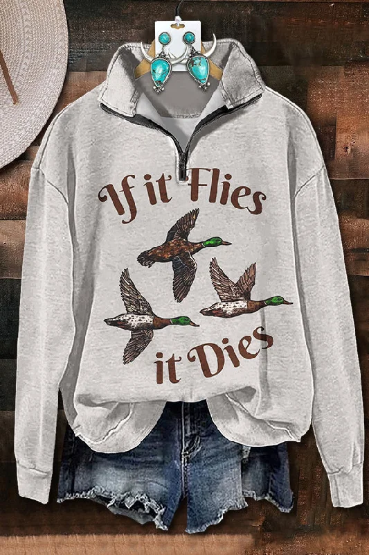 Duck Fly Zipper Sweatshirt Hoodie with Hem Elastic Stretchable Comfortable