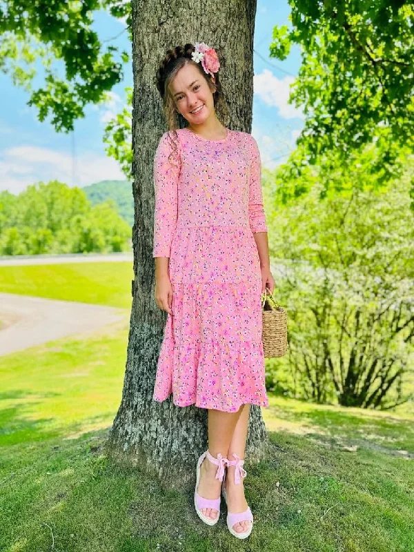 Ladies Pink Floral Tiered Comfy Dress Tunics Versatile functional