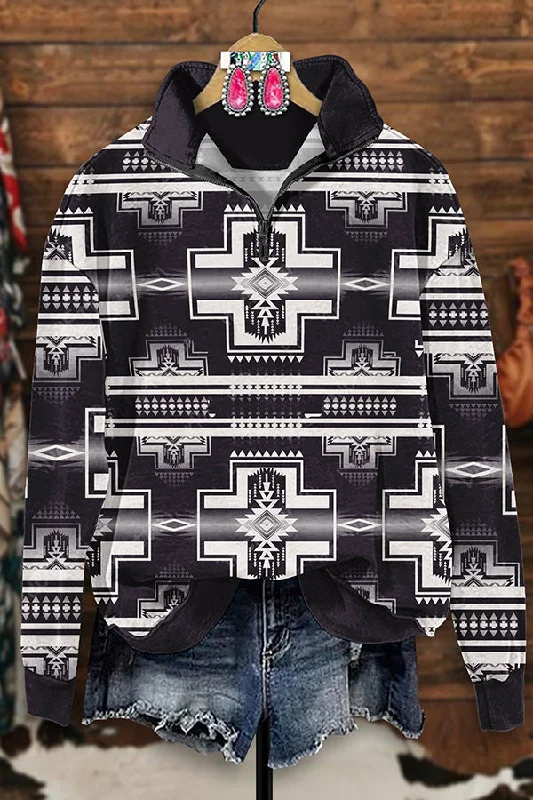 Retro Western Aztec Print Zip-Up Sweatshirt Hoodie with Raw Hem Edgy Unfinished