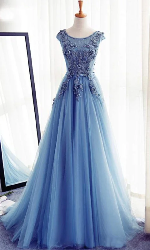 Floral Embellished Sheer Lace Blue Prom Dresses With Adjustable Lace Up Back P514 Tunics Fashionable chic Floral Embellished Sheer Lace Blue Prom Dresses With Adjustable Lace Up Back P514 Tunics Fashionable chic