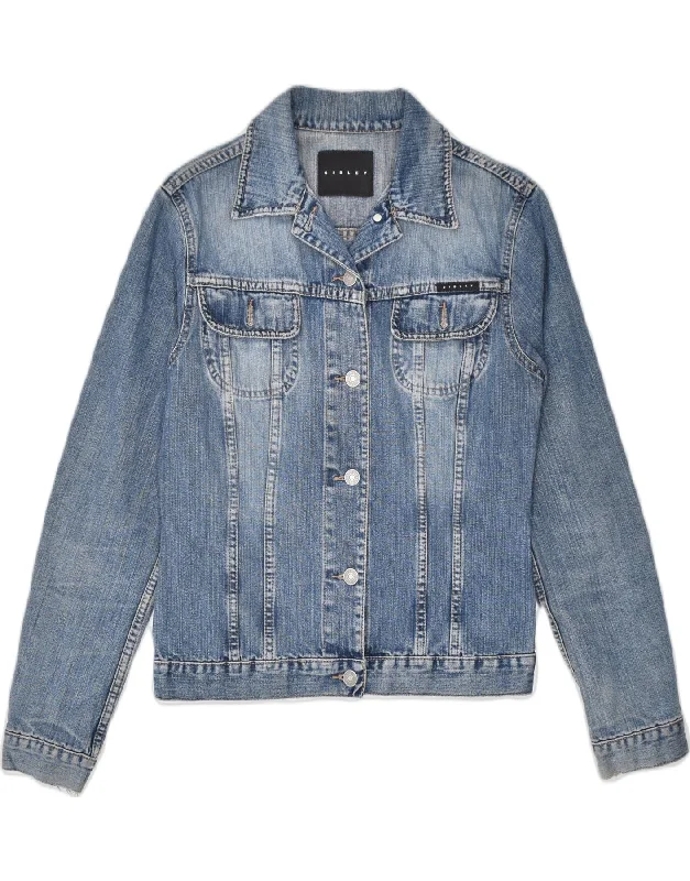 SISLEY Womens Denim Jacket UK 10 Small Blue Cotton V-Neck Jacket Boat Neck Jacket Square Neck Jacket