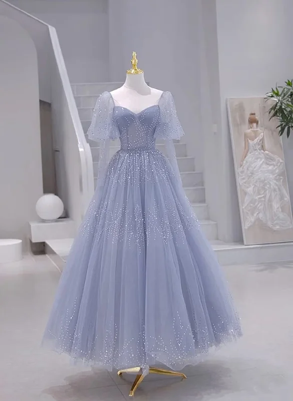 Blue Short Sleeves Tulle Long Sweetheart Party Dress, A-line Blue Prom Dress Tunics Gym athletic Blue Short Sleeves Tulle Long Sweetheart Party Dress, A-line Blue Prom Dress Tunics Gym athletic