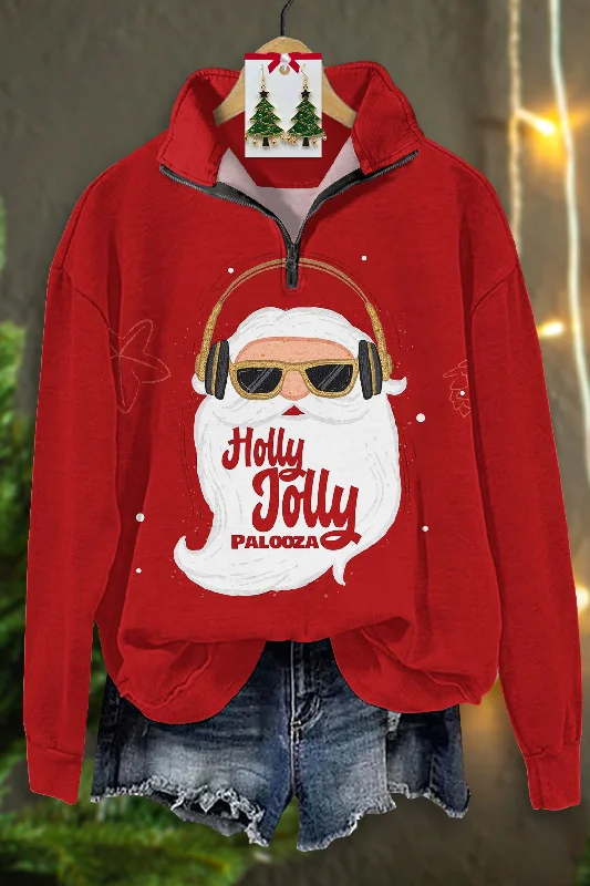 Casual Christmas Santa Palooza Print Zip-Up Sweatshirt Hoodie with Rolled Sleeves Casual Relaxed Casual Christmas Santa Palooza Print Zip-Up Sweatshirt Hoodie with Rolled Sleeves Casual Relaxed