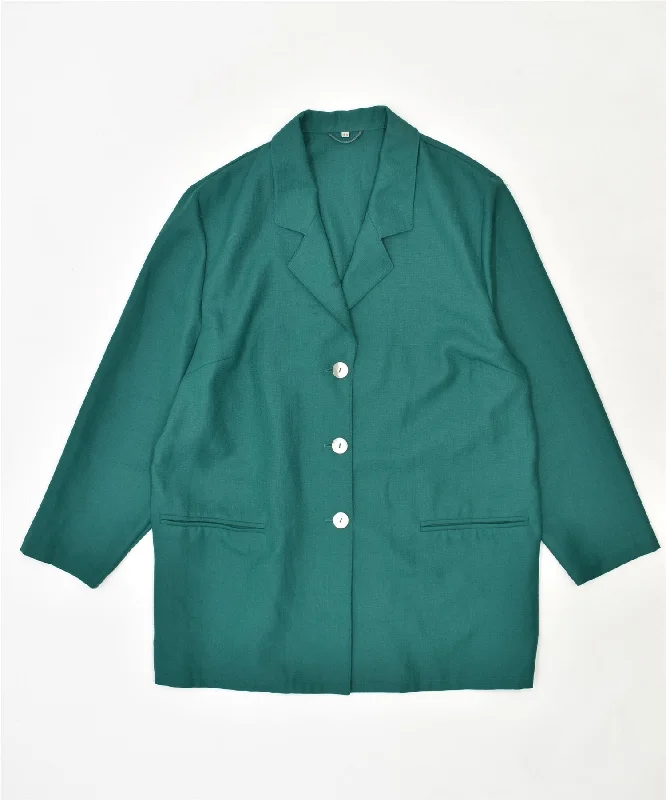 VINTAGE Womens 3 Button Blazer Jacket IT 44 Medium Green Polyester Collared Jacket Crew Neck Jacket Turtle Neck Jacket