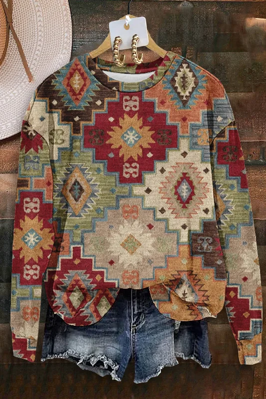 Vintage Aztec Print Sweatshirt Hoodie with Hem Ribbing Snug Secure