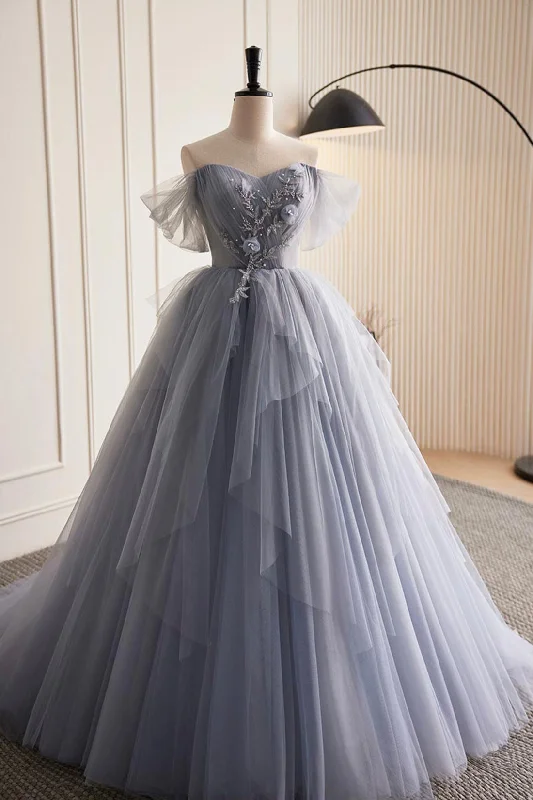 Gray Tulle Long Prom Dress, Off Shoulder Evening Dress Party Dress Boat Neckline Classic