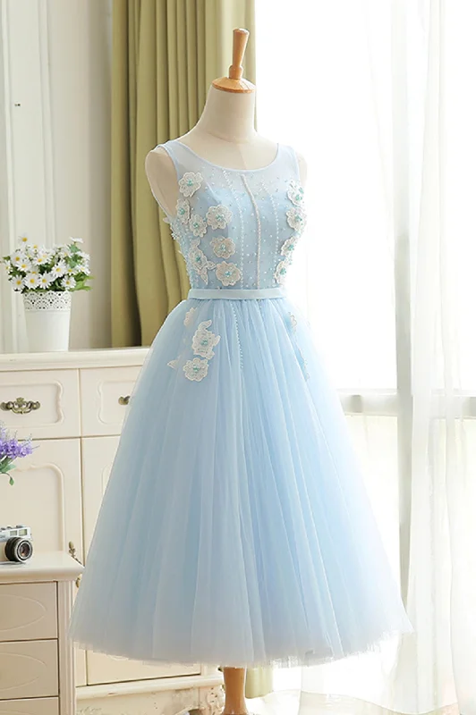 Blue Tulle Lace Short Prom Dress, A-Line Homecoming Party Dress Tunics Handmade artisanal