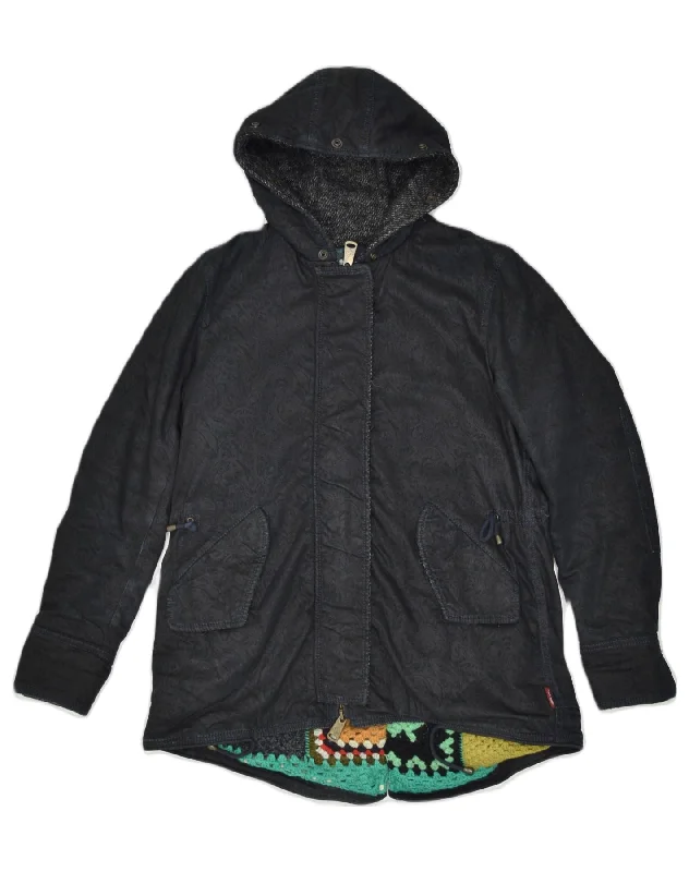 GAMP Womens Hooded Windbreaker Jacket IT 42 Medium Black Floral Cotton Chenille Fabric Brocade Fabric Lace Fabric