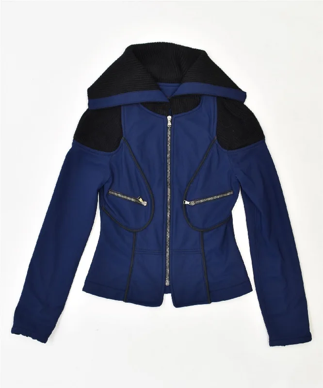 VINTAGE Womens Fleece Jacket UK 12 Medium Blue Zippered Front Buttoned Front Snap Front