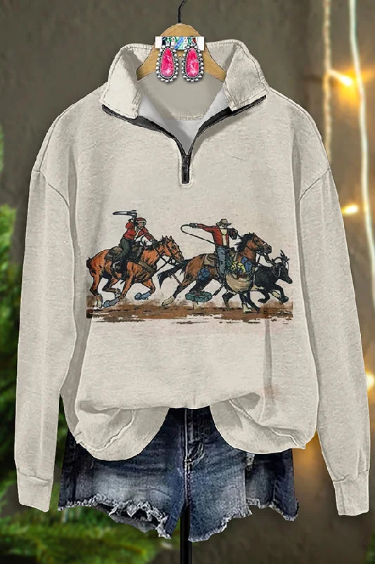 Retro Western Christmas Cowboy Print Zipper Sweatshirt Hoodie with Ribbed Neckline Snug Warm Retro Western Christmas Cowboy Print Zipper Sweatshirt Hoodie with Ribbed Neckline Snug Warm