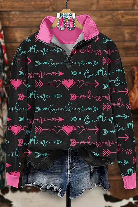 Retro Western Arrow Heart Print Zip-Up Sweatshirt Hoodie with Toggle Buttons Decorative Unique
