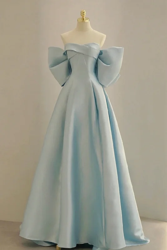 Blue Satin Long Prom Dress with Big Bow, Blue A-Line Evening Party Dress Sequined Elegant Party Blue Satin Long Prom Dress with Big Bow, Blue A-Line Evening Party Dress Sequined Elegant Party