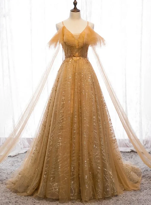 Champagne Tulle Lace V-neckline Beaded Unique Floor Length Party Dress, New Prom Dress Evening Dress Tunics Mesh breathable Champagne Tulle Lace V-neckline Beaded Unique Floor Length Party Dress, New Prom Dress Evening Dress Tunics Mesh breathable