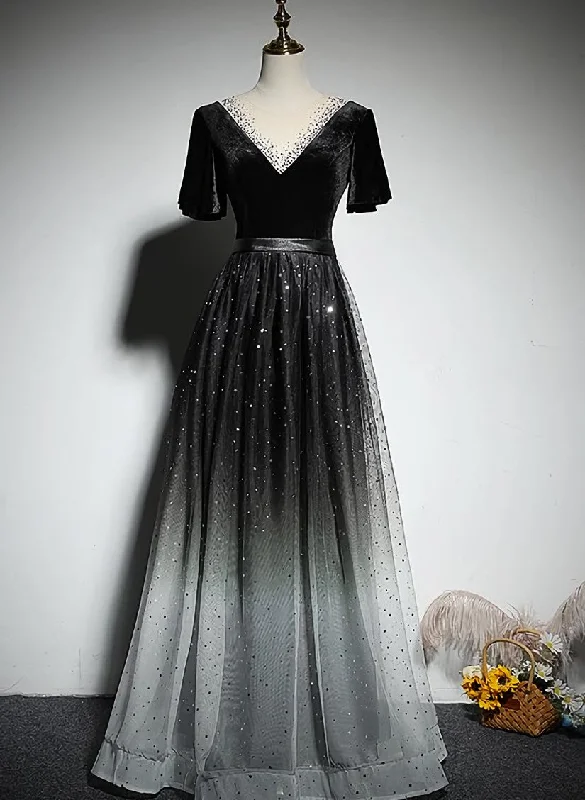 Black Gradient tulle and Velvet Short Sleeves V-neckline Tulle Party Dress, Black Tulle Prom Dress Crew Neckline Casual Black Gradient tulle and Velvet Short Sleeves V-neckline Tulle Party Dress, Black Tulle Prom Dress Crew Neckline Casual