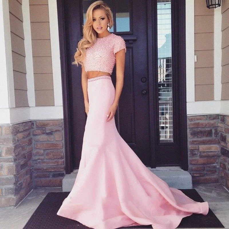 Two Piece Pink Satin Pearl Top Short Sleeves Wedding Prom Evening Party Dress Tunics Recommended stylist Two Piece Pink Satin Pearl Top Short Sleeves Wedding Prom Evening Party Dress Tunics Recommended stylist