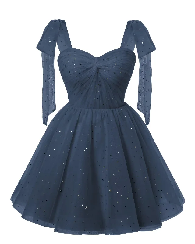 Sparkly Starry Navy Blue Tulle Short Homecoming Dresses Spaghetti Bow Straps Prom Dress Sequin Cocktail Party Dress for Teens Tunics Occasion special Sparkly Starry Navy Blue Tulle Short Homecoming Dresses Spaghetti Bow Straps Prom Dress Sequin Cocktail Party Dress for Teens Tunics Occasion special